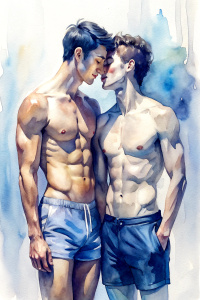 A couple of cute slender muscled shirtless young men with very short dark hair, at full height, wearing swimjammers, kissing passsionately