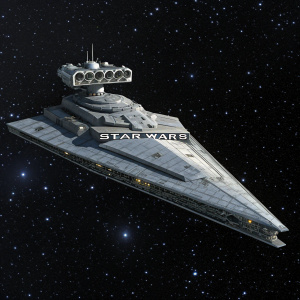 A massive gray spaceship, angular and sleek, floating in an endless sea of stars. Dark textures and pointed structures define its elongated form. Star Wars logo prominently displayed.