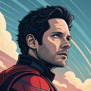 Stylized fan art of Ant-Man. Dark wavy hair, intense stare. Bold lines and limited color palette. Abstract, gradient sky background.