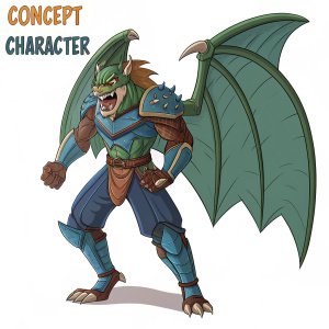 A detailed illustration of a fierce dragon-like character. Muscular, angry expression. Cartoon style. Blue and green armor with brown details. Prominent concept and character text.