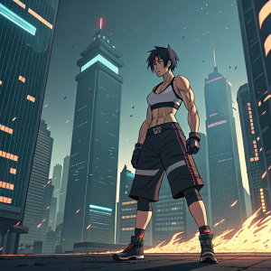 A fierce fighter from a popular anime series, Fire Force. Short black hair, toned physique, black shorts and a tank top, ready for action in a futuristic cityscape.