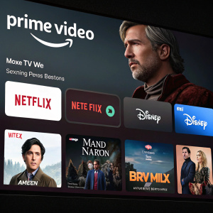 Digital interface screenshot showcasing a variety of streaming services such as Amazon Prime Video, Netflix, Disney+, HBO Max, and Apple TV+. Dark background with thumbnails of popular TV shows and movies, including actor profiles.