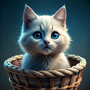 kitten with white fur in a basket