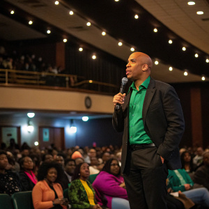 Cory Booker, African American politician, in a vibrant green shirt with dark suit, addressing a packed auditorium.