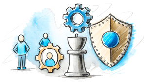 Business Process, gears and Shield and chess pieces in a background
