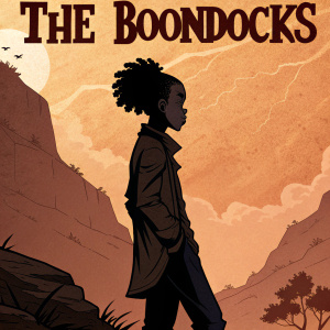 Promotional artwork for 'The Boondocks' series. Character's silhouette with distinctive hairstyle set against a rugged, orange backdrop. Title 'Boondocks' in bold, legible letters.
