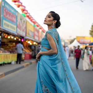 Freida Pinto, elegant indian actress, wearing a flowing blue sari with intricate embroidery. The setting is a bustling street fair with colorful stalls and vibrant crowds in the background. The photo captures her full figure against the lively backdrop.