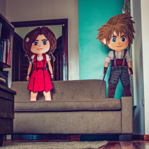 Digital illustration featuring characters from Final Fantasy VII. Aerith and Cloud in vibrant teal backdrop. Exaggerated facial features and bold outlines. Cartoon style with limited color palette.