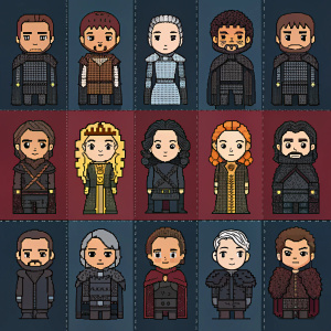 A vibrant pixel art illustration featuring Game of Thrones characters. Various characters in different outfits and poses on a grid-like background. Dark color palette with shades of brown, gray, and black.