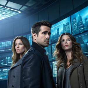 Colin Farrell, Kate Beckinsale, and Jessica Biel in a high-tech studio setting. Promotional photo for the film 'Total Recall'. Futuristic cityscape displayed on massive LED screens behind them.