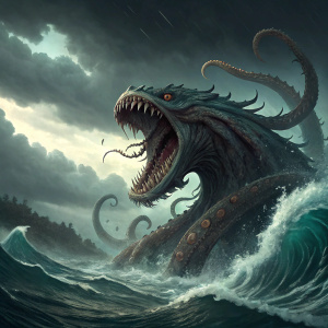 Digital artwork of Charybdis from Percy Jackson series. Monstrous sea creature with numerous tentacles and gaping mouth brimming with razor-sharp teeth. Stormy sea background.
