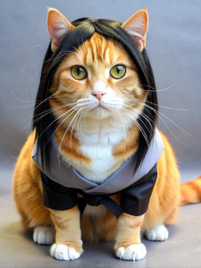 A cute, chubby orange cat cosplaying Orochimaru's classic look from Naruto, with a hairstyle that references Orochimaru's.
