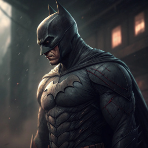 Digital illustration of Batman character, muscular torso with stitches, dark color scheme, moody overall style.