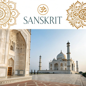 Presentation slide showcasing Sanskrit influenced typography and logo design. Simple and clear layout.