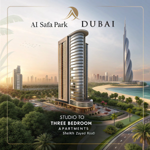 Luxury apartment complex advertisement in Dubai. Sleek, curved skyscraper with panoramic views of Al Safa Park. Studio to three-bedroom apartments available. Prime location near Sheikh Zayed Road. Contact details included.