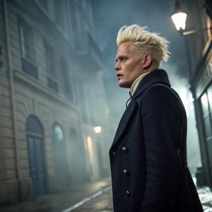 Johnny Depp as Gellert Grindelwald, intense expression, platinum blonde hair, black coat, standing against a foggy, dimly lit street scene.