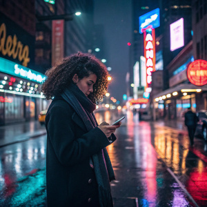 Curly-haired Latina engrossed in her mobile device under the neon glow of a bustling city at night. Her black coat and scarf stand out against the colorful street signs and wet pavement, reflecting a myriad of lights.