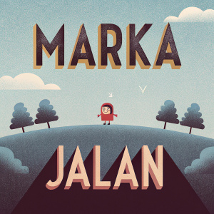 An animated video title screen for 'Marka Jalan'. Features a playful cartoon character with bold, stylized fonts. Warm color palette, simple illustrations, and clear educational descriptions.