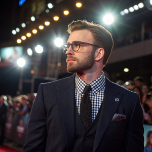Chris Evans in formal wear, dark suit, checkered shirt, tie, pocket square. Stands at award show, intent gaze, glasses. Bright lights, crowd in background.
