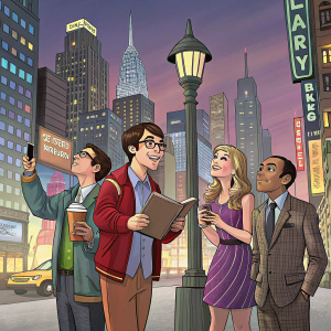Digital illustration featuring Sheldon Cooper, Leonard Hofstadter, Penny, Howard Wolowitz, and Rajesh Koothrappali. Against a vibrant cityscape background.
