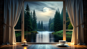 window open curtain, coffee, candle, full moon, still water, forest, dark night, midnight black 