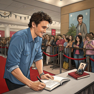 James Franco, in a casual blue shirt, attending a book signing event. Crowd visible behind him.