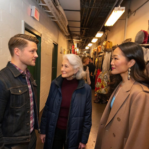 Ben McKenzie, Jane Alexander, and Ashley Park backstage at a Broadway show. Crowded hallway, various props and costumes visible.