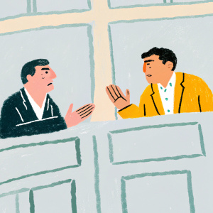 Robert Shrum and Cenk Uygur in heated discussion at the annual Politicon conference. Both clad in formal attire.