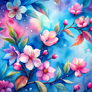 Pattern Seamless, Vector, Vintage Old Soft Colors, Pink Scale, Abstract Hand-Draw, Cherry Blossoms and Leaves. Blue background