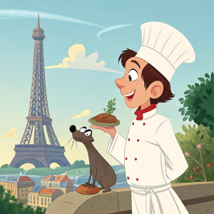 Poster for Disney-Pixar's Ratatouille. Chef Louis holding tiny chef statue. Remy, a little rat, at his side. The Eiffel Tower stands in the background. Vibrant colors, cartoon style.