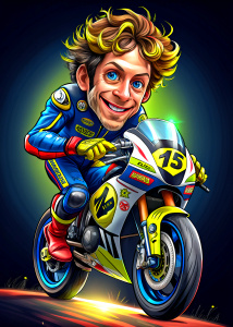  cartoon Valentino Rossi motorbike Yamaha ,    ultra detailed   , style pop art, , style watecolor, black background,r eady for print t-shirt, style art fabric, without horse


