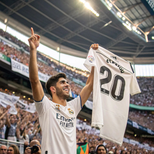 Marco Asensio, holding up his Real Madrid jersey with number 20, celebrating in the vibrant atmosphere of Santiago Bernabéu Stadium.