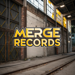 A vibrant logo for Merge Records set against a gritty, industrial backdrop. The design features bold, modern typography in shades of yellow and gray, exuding a contemporary, edgy vibe.
