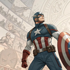 Steve Rogers, Captain America, stands heroically in a detailed comic panel. Surrounded by intricate pencil drawings and bold shading.
