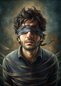 Blindfolded with black tape, Bangladeshi young man mouth sealed with tape, Messy Hair, in a dark room, Hands tied, wearing Black t-shirt, Simple background