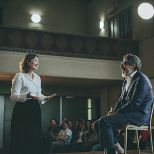 Karen Witter, in a white blouse and black skirt, chats with Chuck Lorre, in a navy suit, at a Q&A session. Studio audience visible in the background.