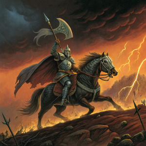 Album cover for Molly Hatchet's Greatest Hits. A knight on a galloping horse. Fiery, ominous background with storm clouds. Detailed armor and weapons. Dynamic, fantasy art style.