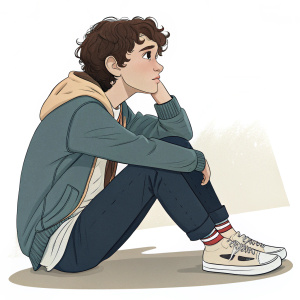 Digital illustration of young Felix Iñes. Contemplative expression, brown curly hair, casual attire. Simple, clean background.