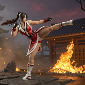 A lifelike action figure of Mai Shiranui, from the game Tekken, depicted in an intense fighting pose. The setting is a digital, 3D environment with detailed textures and a fiery backdrop that amplifies the character's dynamism and energy.