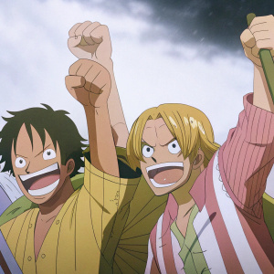 Luffy, Zoro, and Sanji from One Piece. Animated scene. Exciting poses with fists raised and exaggerated expressions. Dark, dramatic background.