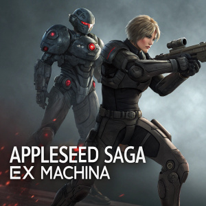 Promotional art for 'Appleseed Saga EX Machina'. Futuristic robots with human-like features. One character in combat pose. Dark gray backdrop. Series title visible.