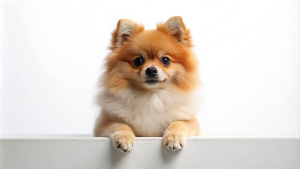 pomerainian with paws on ledge isolated
