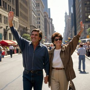 James Farentino and Tina Sinatra walking down a sunny street, waving to fans. Crowded urban background