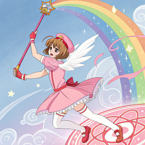 Sakura Kinomoto, from Cardcaptor Sakura, depicted in action pose. Holding staff-like wand. Arcane circle and vibrant colors background. Pink outfit and bob hair