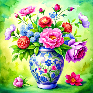 a blue Chineese traditional motiffs decorated Vase on a white wall, THERE ARE IN THE VASE : watercolor tomato red Peonies,burgundy PEONIES , ruspberry Bougainvillea, dandelion ,geranium,LIME Narcissus, ruby crocus,navy blue daffodil ,orange roses ,amaranth Damarion s, red tulips ,deep carrot freesia ,sienna orange lavender Common Crape Myrtle ,Watsonia ,tritoma.carmine Chandramallika, burgundy PEA, burgundy ,SISYMBRIUM,YELLOW CHAMOMILE,KNAPWEED,candy floss pink wax flower , teracotta bluebell fl