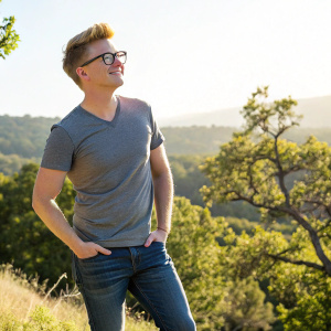 Tyler Oakley, internet personality, in a stylish gray t-shirt and jeans. Poses outdoors on a sunny day surrounded by trees and a beautiful landscape.
