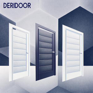 Clean digital artwork featuring DeriDoor's collection of modern doors. Geometric shapes background. White and brown finishes. Brand logo top
