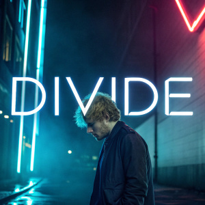 Digital art poster for Ed Sheeran's 'Divide' album. Glowing neon lights in dark background. Large, stylized 'Divide' text in white and blue