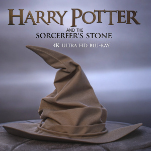 Cover art for 'Harry Potter and the Sorcerer's Stone' on 4K Ultra HD Blu-ray. A crumpled wizard hat, with intricate textures, against a dark, moody background. Title and format details displayed prominently.