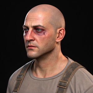 3D render of a male character from 'MAFIA: Definitive Edition'. Bald head, bruised eyes with purple and red hues. Black background